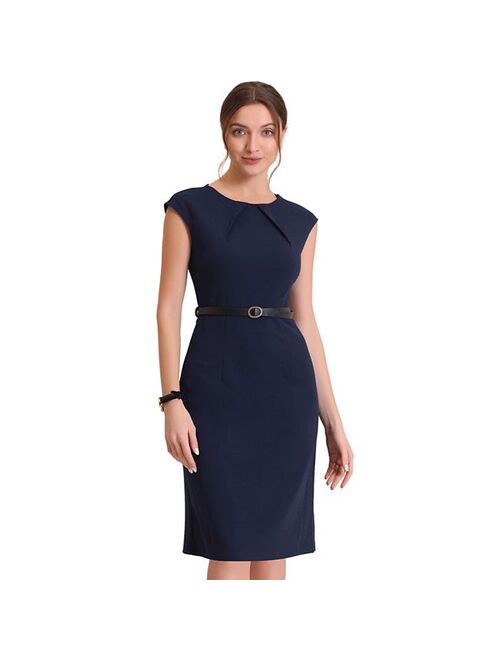 ALLEGRA K Elegant Office Dress for Women's Round Neck Cap Sleeve Belted Work Sheath Dresses