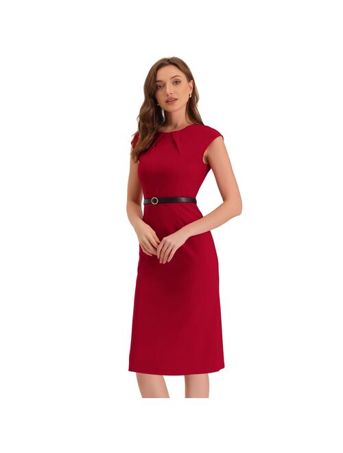 ALLEGRA K Elegant Office Dress for Women's Round Neck Cap Sleeve Belted Work Sheath Dresses