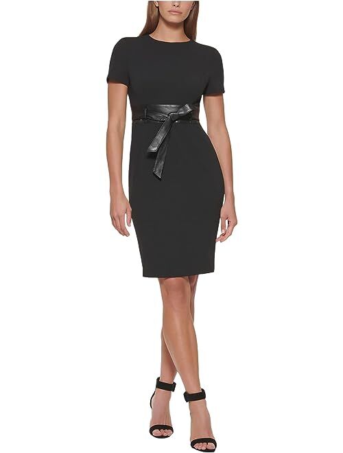 Calvin Klein Scuba Crepe Short Sheath Dress with Faux Leather Belt