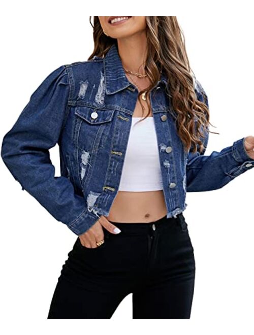 PAODIKUAI Women's Casual Puff Sleeve Frayed Slim Cropped Denim Jean Jacket