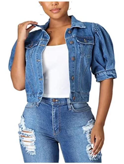 PAODIKUAI Women's Casual Puff Sleeve Frayed Slim Cropped Denim Jean Jacket