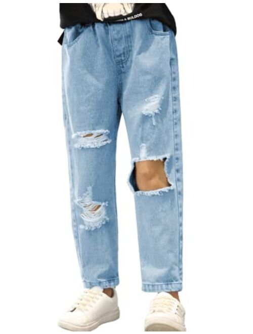 QIBABU Kid Big Girl's Baggy Ripped Jeans Elastic Waist Washed Denim Pants for 8-14 Years