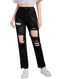 Teen Girl's High Waisted Straight Leg Ripped Jeans Washed Denim Pants with Pockets