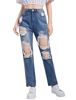 Teen Girl's High Waisted Straight Leg Ripped Jeans Washed Denim Pants with Pockets