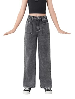 Teen Girl's High Waisted Straight Leg Ripped Jeans Washed Denim Pants with Pockets