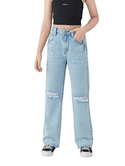 Teen Girl's High Waisted Straight Leg Ripped Jeans Washed Denim Pants with Pockets