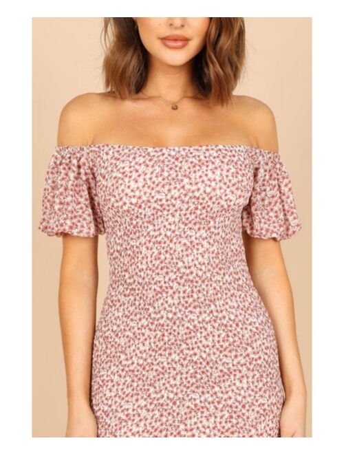 Petal & Pup Petal and Pup Womens Claire Shirred Bodycon Off Shoulder Midi Dress