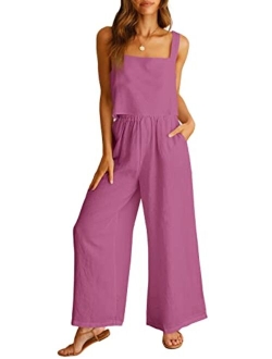 Women's 2 Piece Outfits Square Neck Linen Tank Crop Top Wide Leg Pants Matching Lounge Set Tracksuit