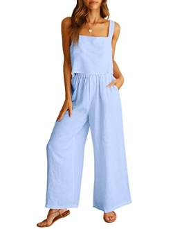 Women's 2 Piece Outfits Square Neck Linen Tank Crop Top Wide Leg Pants Matching Lounge Set Tracksuit