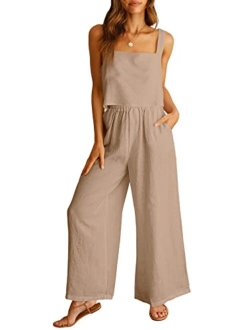 Women's 2 Piece Outfits Square Neck Linen Tank Crop Top Wide Leg Pants Matching Lounge Set Tracksuit