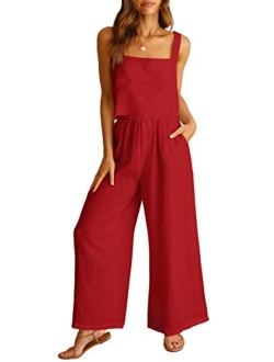 Women's 2 Piece Outfits Square Neck Linen Tank Crop Top Wide Leg Pants Matching Lounge Set Tracksuit