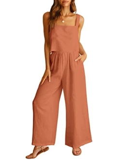 Women's 2 Piece Outfits Square Neck Linen Tank Crop Top Wide Leg Pants Matching Lounge Set Tracksuit