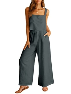 Women's 2 Piece Outfits Square Neck Linen Tank Crop Top Wide Leg Pants Matching Lounge Set Tracksuit