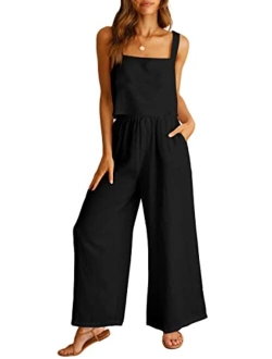 Women's 2 Piece Outfits Square Neck Linen Tank Crop Top Wide Leg Pants Matching Lounge Set Tracksuit