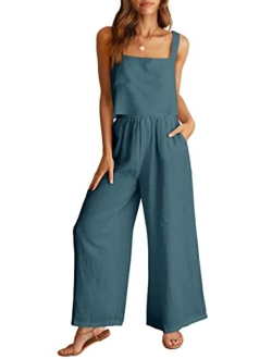 Women's 2 Piece Outfits Square Neck Linen Tank Crop Top Wide Leg Pants Matching Lounge Set Tracksuit