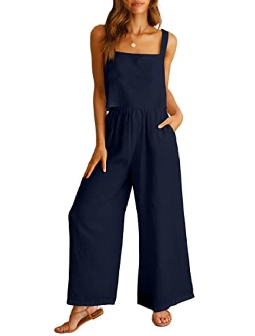 ANRABESS Women's 2 Piece Outfits Square Neck Linen Tank Crop Top Wide Leg Pants Matching Lounge Set Tracksuit