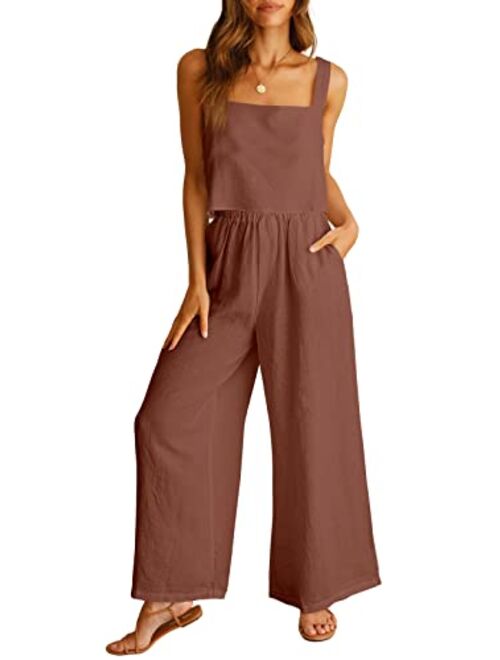 ANRABESS Women's 2 Piece Outfits Square Neck Linen Tank Crop Top Wide Leg Pants Matching Lounge Set Tracksuit