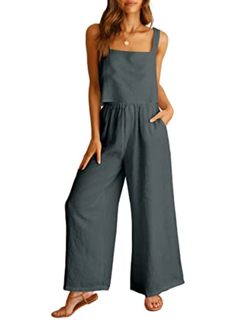 ANRABESS Women's 2 Piece Outfits Square Neck Linen Tank Crop Top Wide Leg Pants Matching Lounge Set Tracksuit