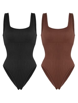 Women Ribbed Sexy Bodysuit Sleeveless Square Neck Padded Tank Top