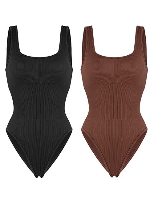 SUUKSESS Women Ribbed Sexy Bodysuit Sleeveless Square Neck Padded Tank Top