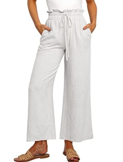 Women's Linen Pants Casual Loose High Waist Drawstring Wide Leg Capri Palazzo Pants Trousers with Pockets