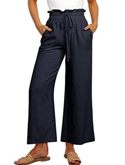 Women's Linen Pants Casual Loose High Waist Drawstring Wide Leg Capri Palazzo Pants Trousers with Pockets