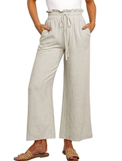 Women's Linen Pants Casual Loose High Waist Drawstring Wide Leg Capri Palazzo Pants Trousers with Pockets