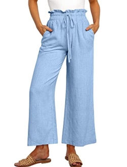 Women's Linen Pants Casual Loose High Waist Drawstring Wide Leg Capri Palazzo Pants Trousers with Pockets