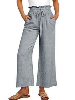 Women's Linen Pants Casual Loose High Waist Drawstring Wide Leg Capri Palazzo Pants Trousers with Pockets