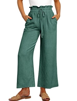 Women's Linen Pants Casual Loose High Waist Drawstring Wide Leg Capri Palazzo Pants Trousers with Pockets