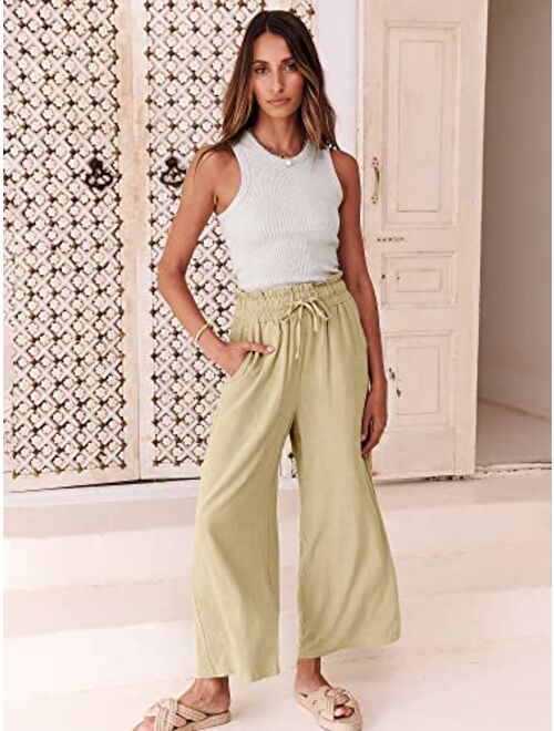 ANRABESS Women's Linen Pants Casual Loose High Waist Drawstring Wide Leg Capri Palazzo Pants Trousers with Pockets