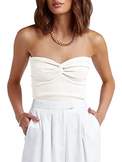 Women Strapless Crop Tube Top Sexy Ribbed Knit Twisted Knot Front Sleeveless Y2K Corset Tanks Top