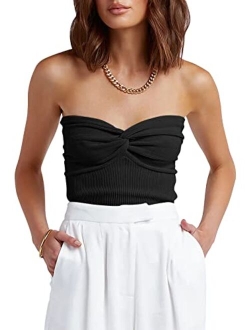 Women Strapless Crop Tube Top Sexy Ribbed Knit Twisted Knot Front Sleeveless Y2K Corset Tanks Top