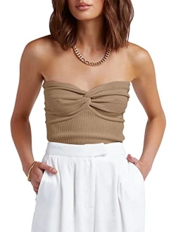 Women Strapless Crop Tube Top Sexy Ribbed Knit Twisted Knot Front Sleeveless Y2K Corset Tanks Top