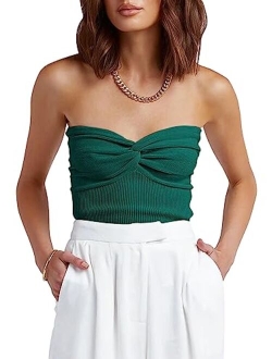 Women Strapless Crop Tube Top Sexy Ribbed Knit Twisted Knot Front Sleeveless Y2K Corset Tanks Top