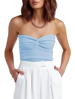 Women Strapless Crop Tube Top Sexy Ribbed Knit Twisted Knot Front Sleeveless Y2K Corset Tanks Top