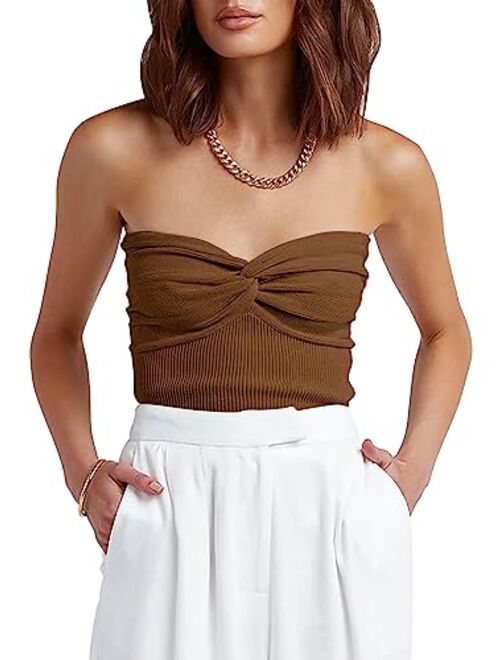 ANRABESS Women Strapless Crop Tube Top Sexy Ribbed Knit Twisted Knot Front Sleeveless Y2K Corset Tanks Top