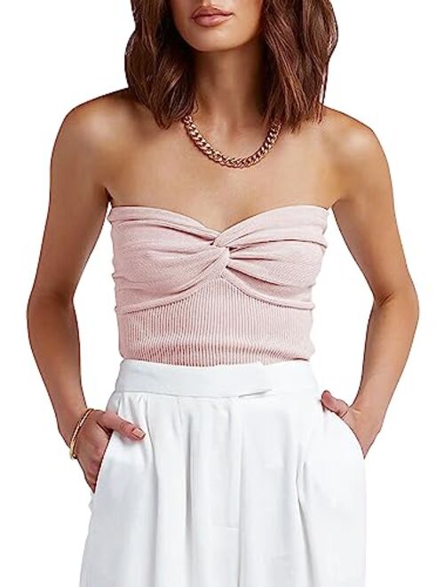 ANRABESS Women Strapless Crop Tube Top Sexy Ribbed Knit Twisted Knot Front Sleeveless Y2K Corset Tanks Top