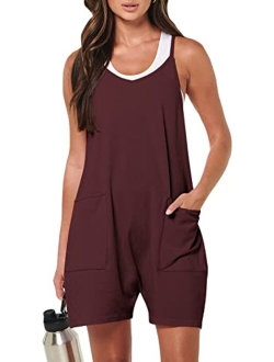 Women's Summer Casual Sleeveless Rompers Loose Spaghetti Strap Shorts Jumpsuit with Pockets