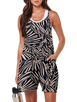 Women's Summer Casual Sleeveless Rompers Loose Spaghetti Strap Shorts Jumpsuit with Pockets