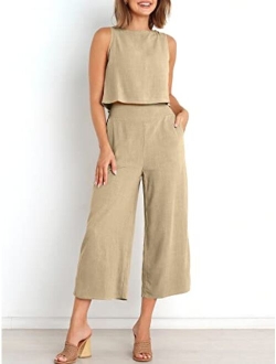 Women's Summer 2 Piece Outfits Sleeveless Tank Crop Button Back Top Cropped Wide Leg Pants Set Pockets