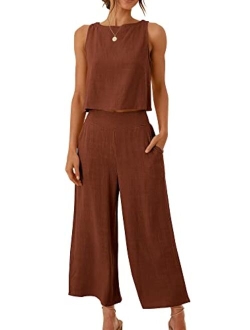 Women's Summer 2 Piece Outfits Sleeveless Tank Crop Button Back Top Cropped Wide Leg Pants Set Pockets