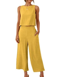 Women's Summer 2 Piece Outfits Sleeveless Tank Crop Button Back Top Cropped Wide Leg Pants Set Pockets