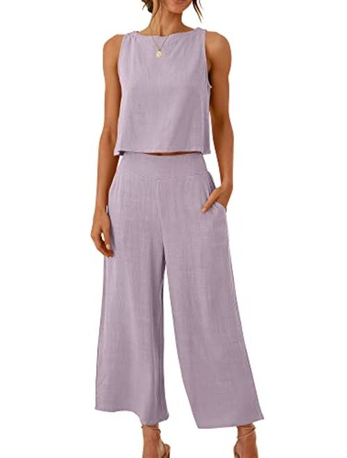 ANRABESS Women's Summer 2 Piece Outfits Sleeveless Tank Crop Button Back Top Cropped Wide Leg Pants Set Pockets