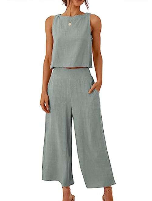 ANRABESS Women's Summer 2 Piece Outfits Sleeveless Tank Crop Button Back Top Cropped Wide Leg Pants Set Pockets