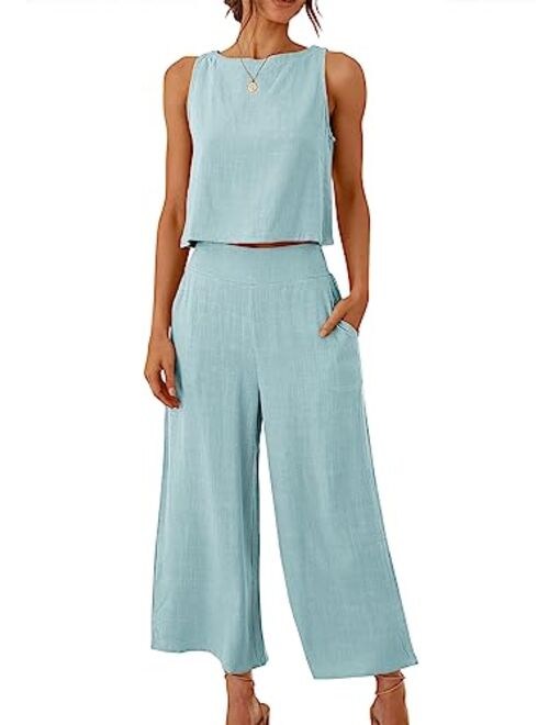 ANRABESS Women's Summer 2 Piece Outfits Sleeveless Tank Crop Button Back Top Cropped Wide Leg Pants Set Pockets