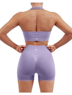 Women Seamless Ribbed Workout Set Backless Sports Bra Booty Biker Short