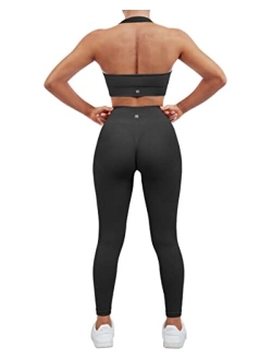 Women Seamless Ribbed Workout Set Backless Sports Bra Booty Biker Short