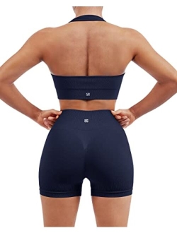 Women Seamless Ribbed Workout Set Backless Sports Bra Booty Biker Short