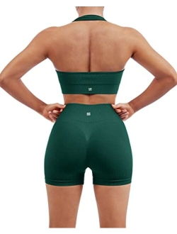 Women Seamless Ribbed Workout Set Backless Sports Bra Booty Biker Short